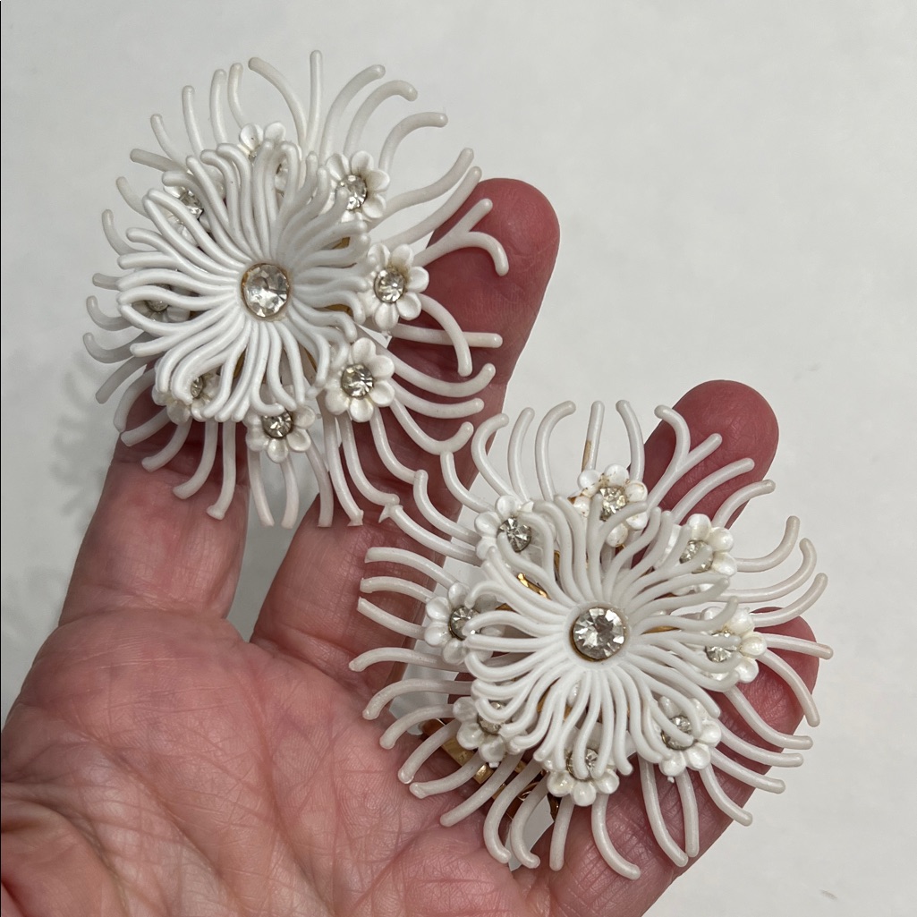 Vintage Celluloid Pair Of Cluster Clip On Earrings With Rhinestones Deadstock